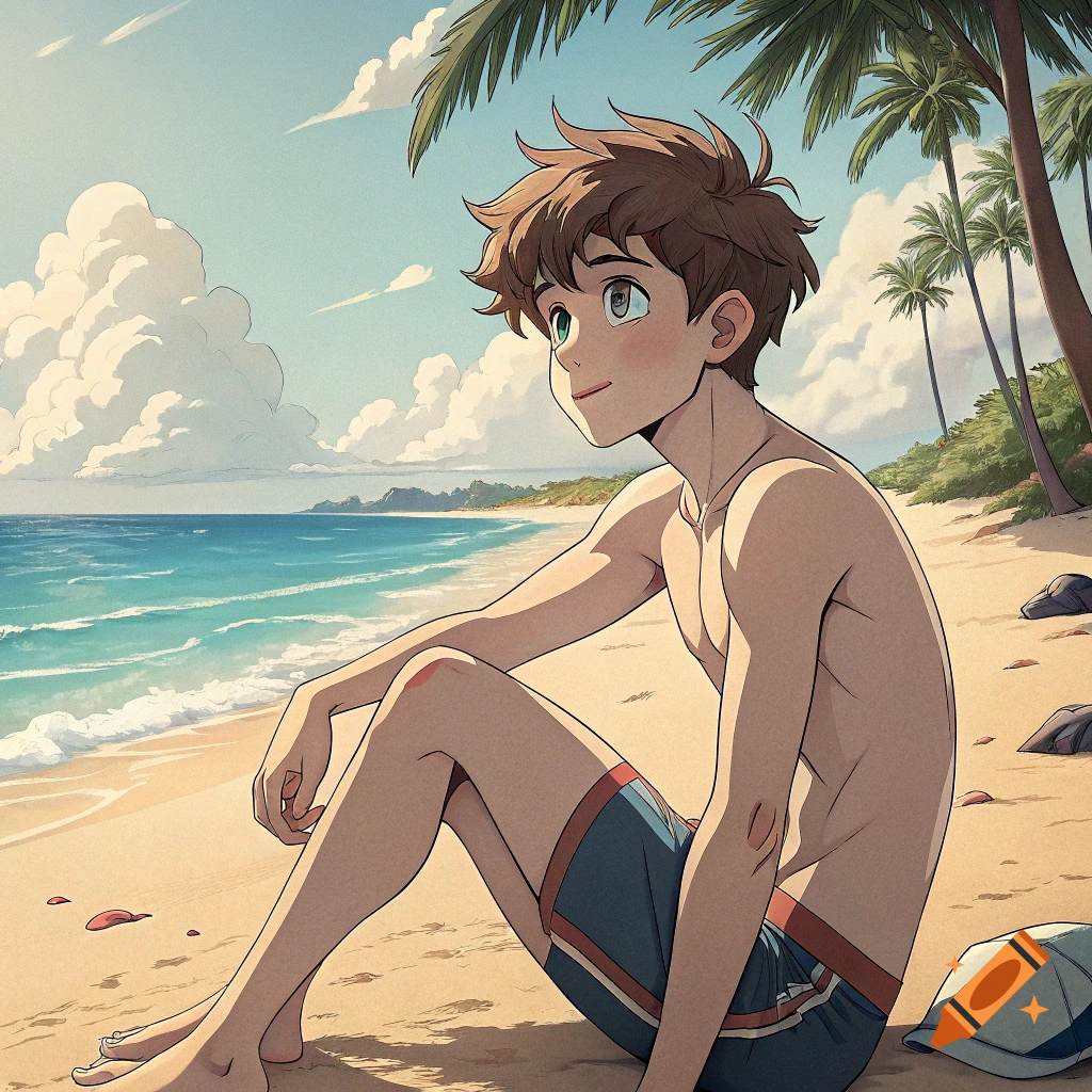 Anime drawing of a young person sitting on a sandy beach by the ocean.
