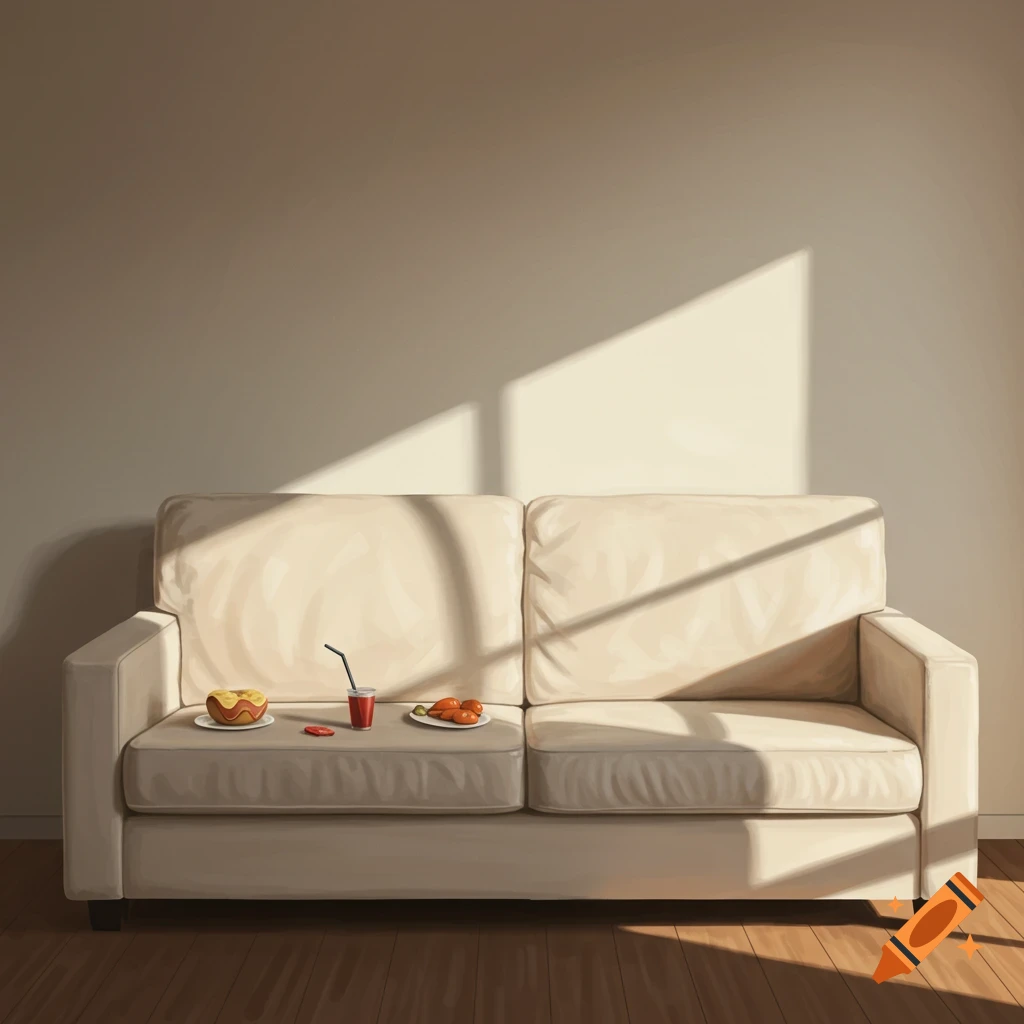 A sunlit room with a couch covered in food and drink.