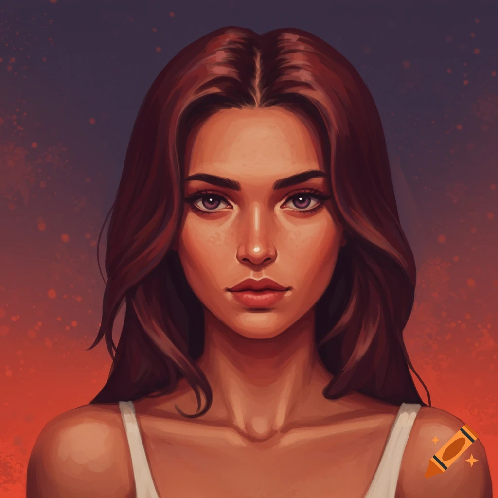 Portrait of a woman with brown hair and purple eyes against a red and blue background.