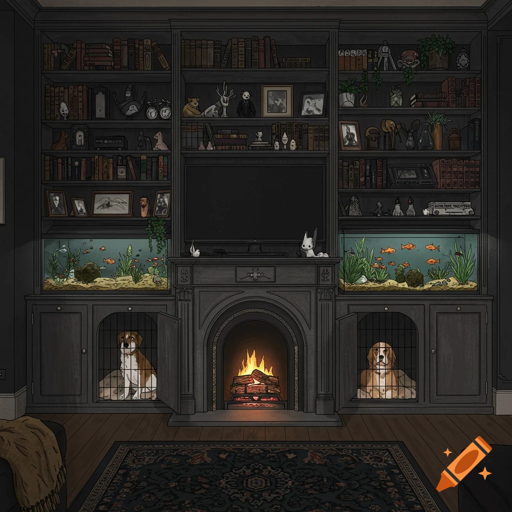Stylized depiction of a dark living room wall with a large bookshelf, fireplace, TV, dog kennel with a dog, aquarium with fish, books, and decor.