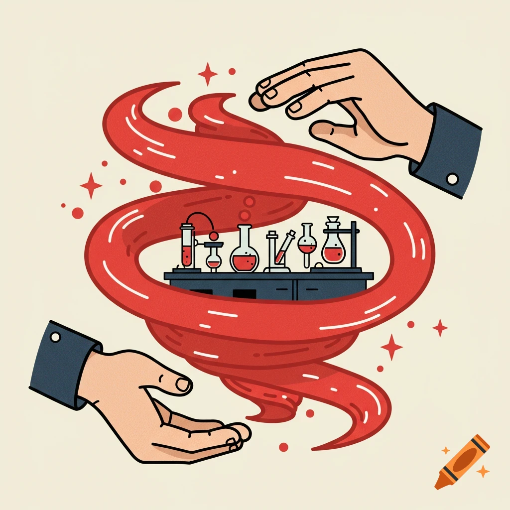 Clip art illustration of hands holding a red swirl surrounding laboratory equipment.