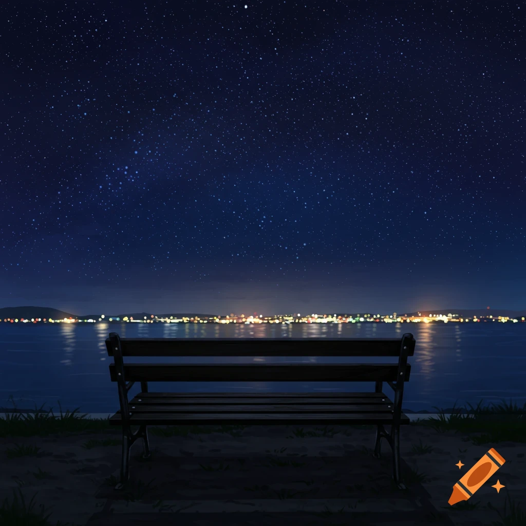 A park bench overlooks a city skyline and starry sky at night.