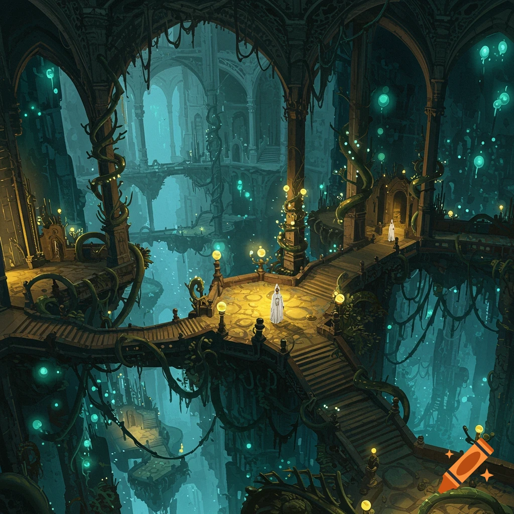 Immense fantasy architecture spans a chasm, illuminated by glowing lights with robed figures crossing on bridges.