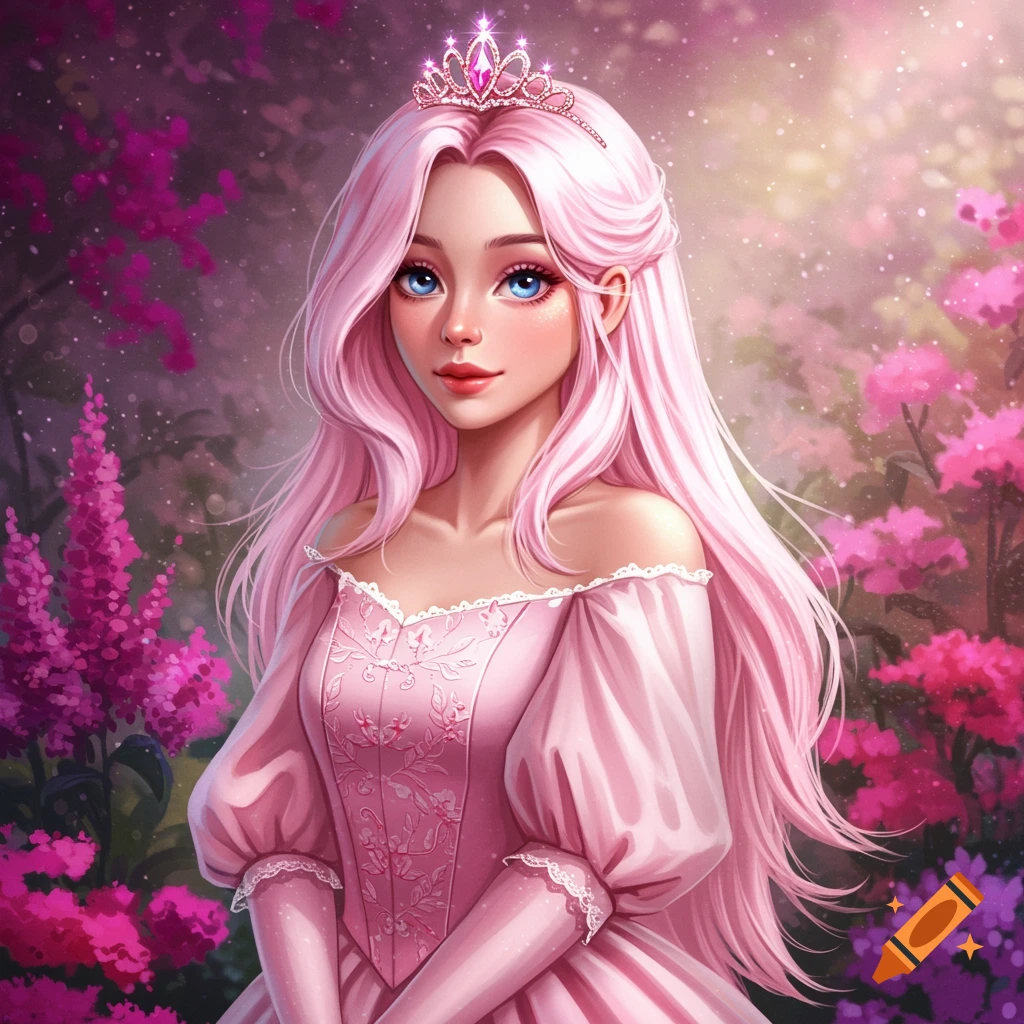 A princess with long pink hair, blue eyes, tiara, and pink dress in a garden.