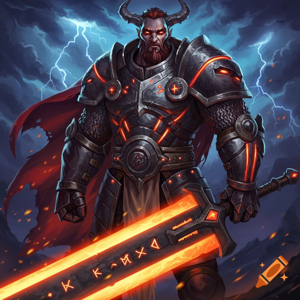 Horned fantasy warrior in black and red armor holding a glowing sword in a storm, digital art.