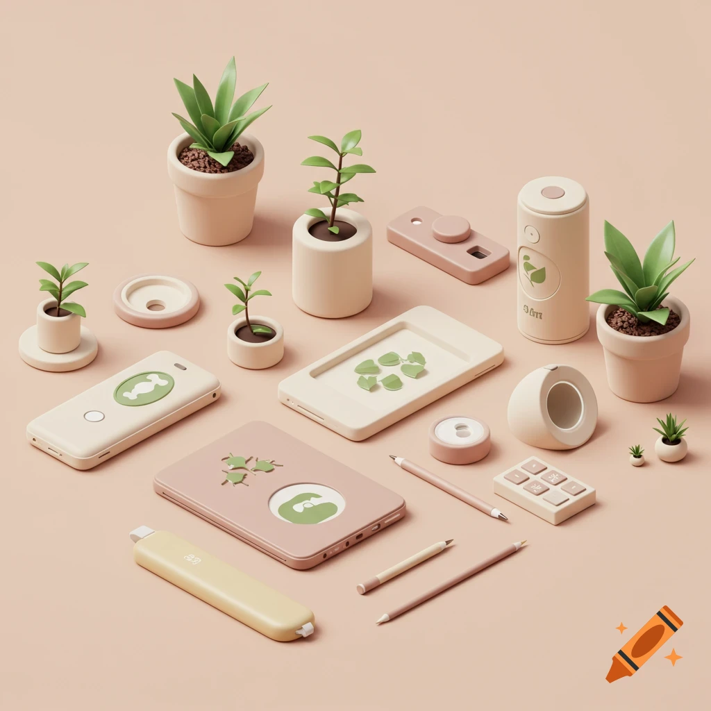 A flat lay composition of minimalist pastel tech gadgets, potted plants, and stationery in a 3D render.