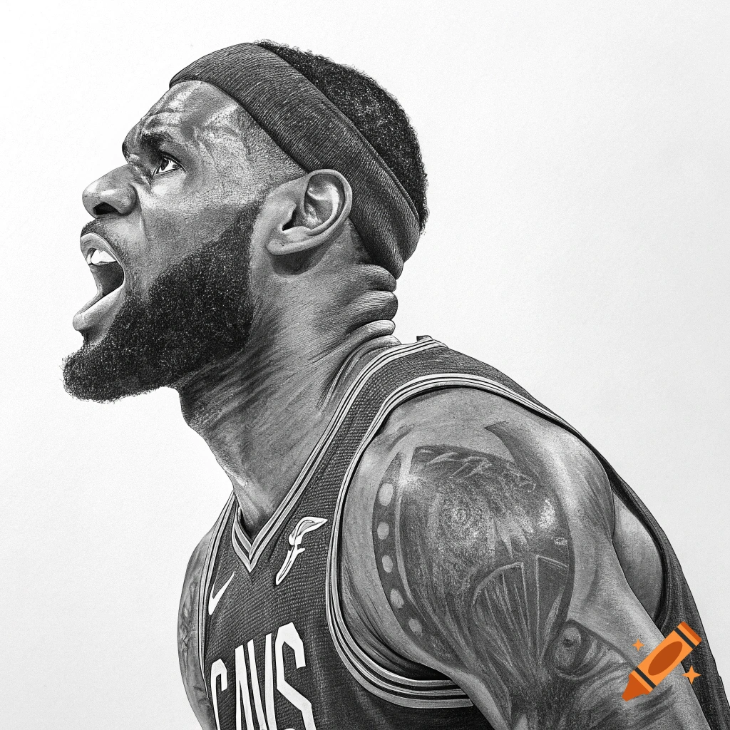 Black and white pencil drawing of LeBron James in a jersey, shouting.