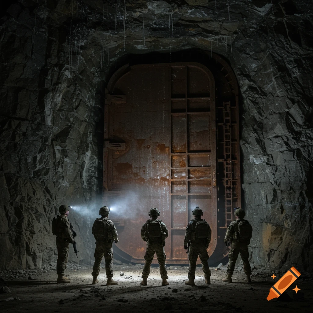 Five soldiers stand before a large rusty metal door in a dark underground cave.