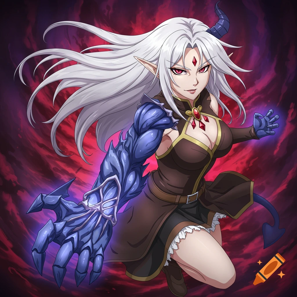Anime demon woman with white hair, red eyes, demon arm, horns, reaching forward.