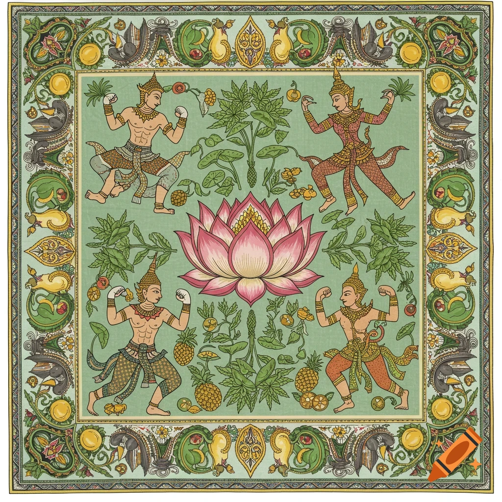 Detailed illustration of a square bandanna design with Thai figures, lotus, and decorative border.
