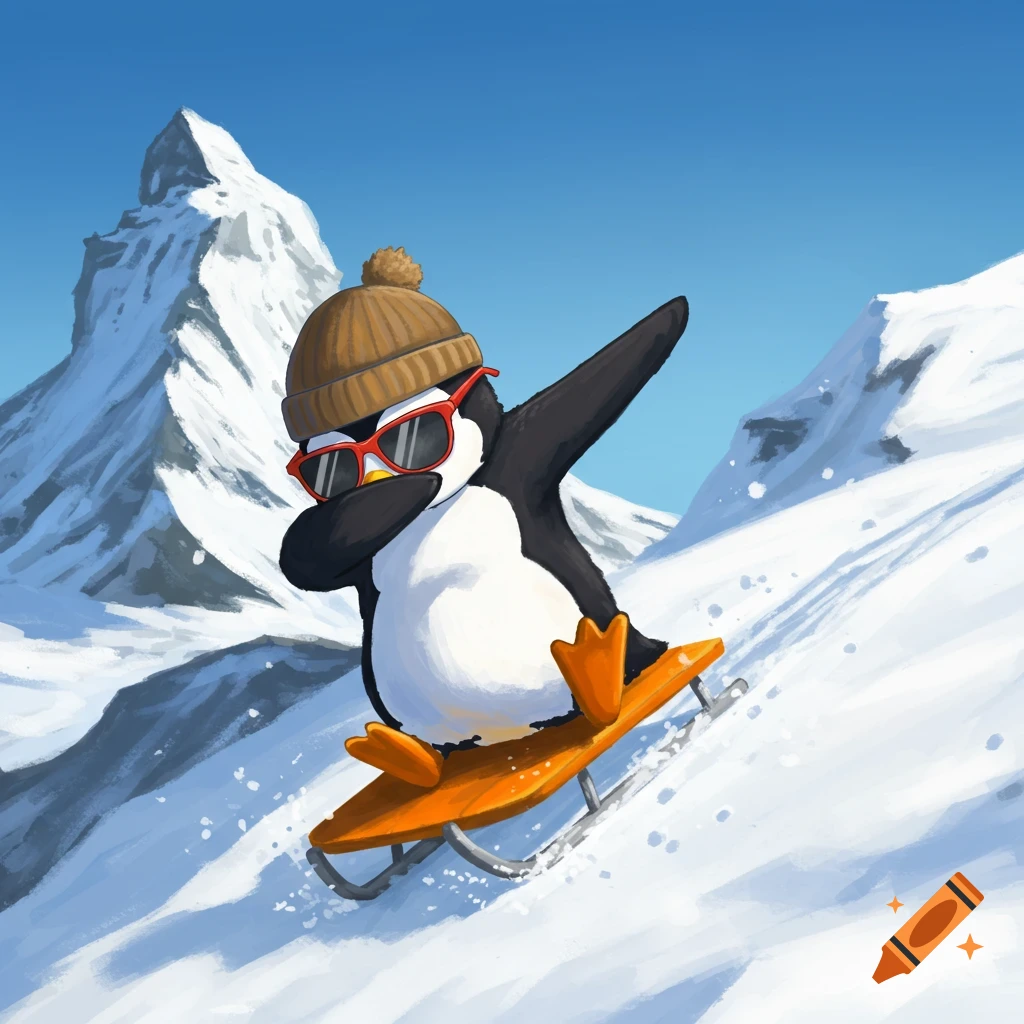 A cartoon penguin with sunglasses and a hat dabbing while sledding down a snowy mountain.