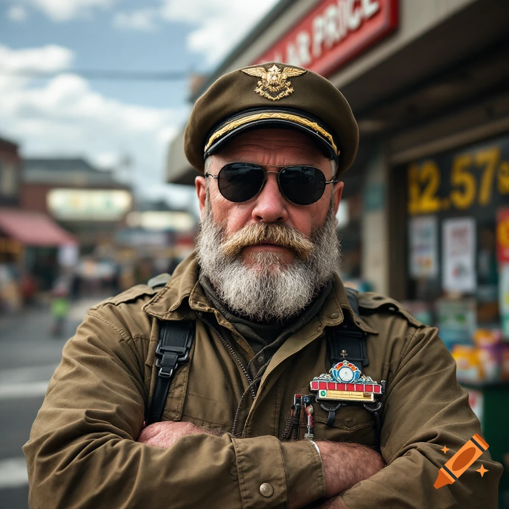 A close-up portrait of a bearded man in a military cap and sunglasses standing in front of a store.
