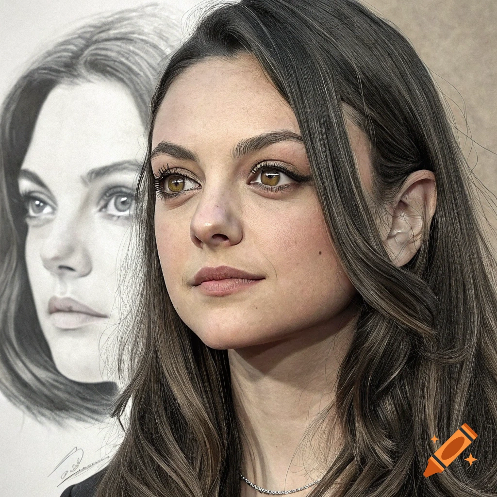 Photorealistic portrait of a woman with long brown hair looking left, next to a charcoal drawing of a face.