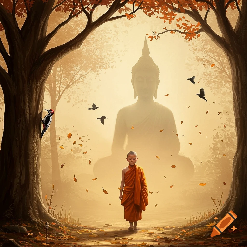 Young monk walks path towards large Buddha shadow in forest with falling leaves, birds, woodpecker.