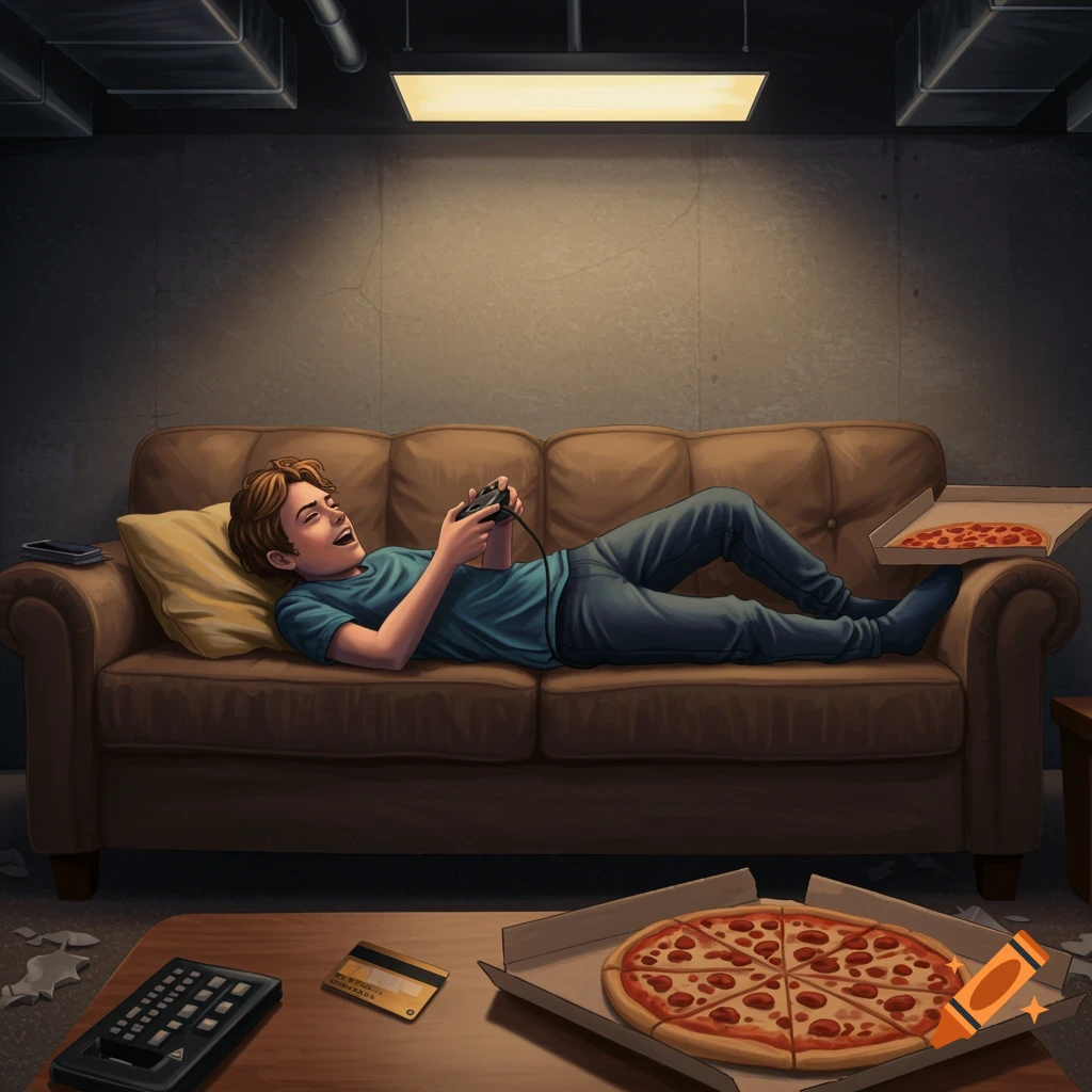 Teenager playing video games on a couch with pizza nearby in a basement.