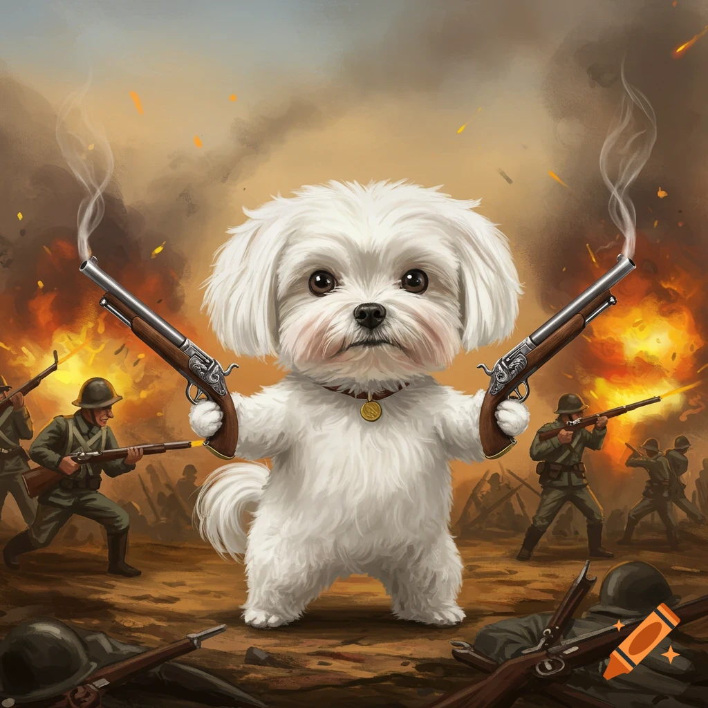 A Maltese dog holding two guns on a battlefield with soldiers and explosions.