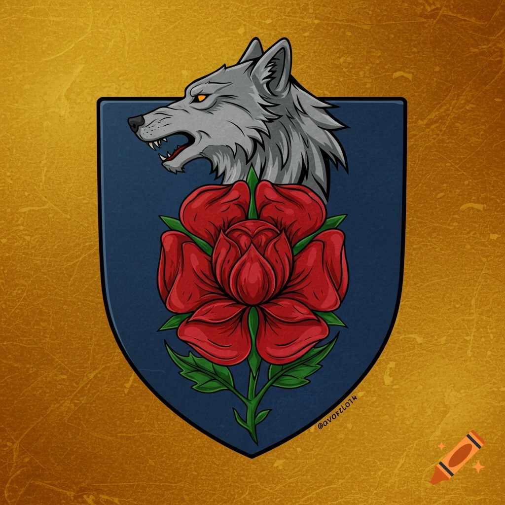 A crest featuring a grey wolf head above a red rose on a blue shield against a gold background.