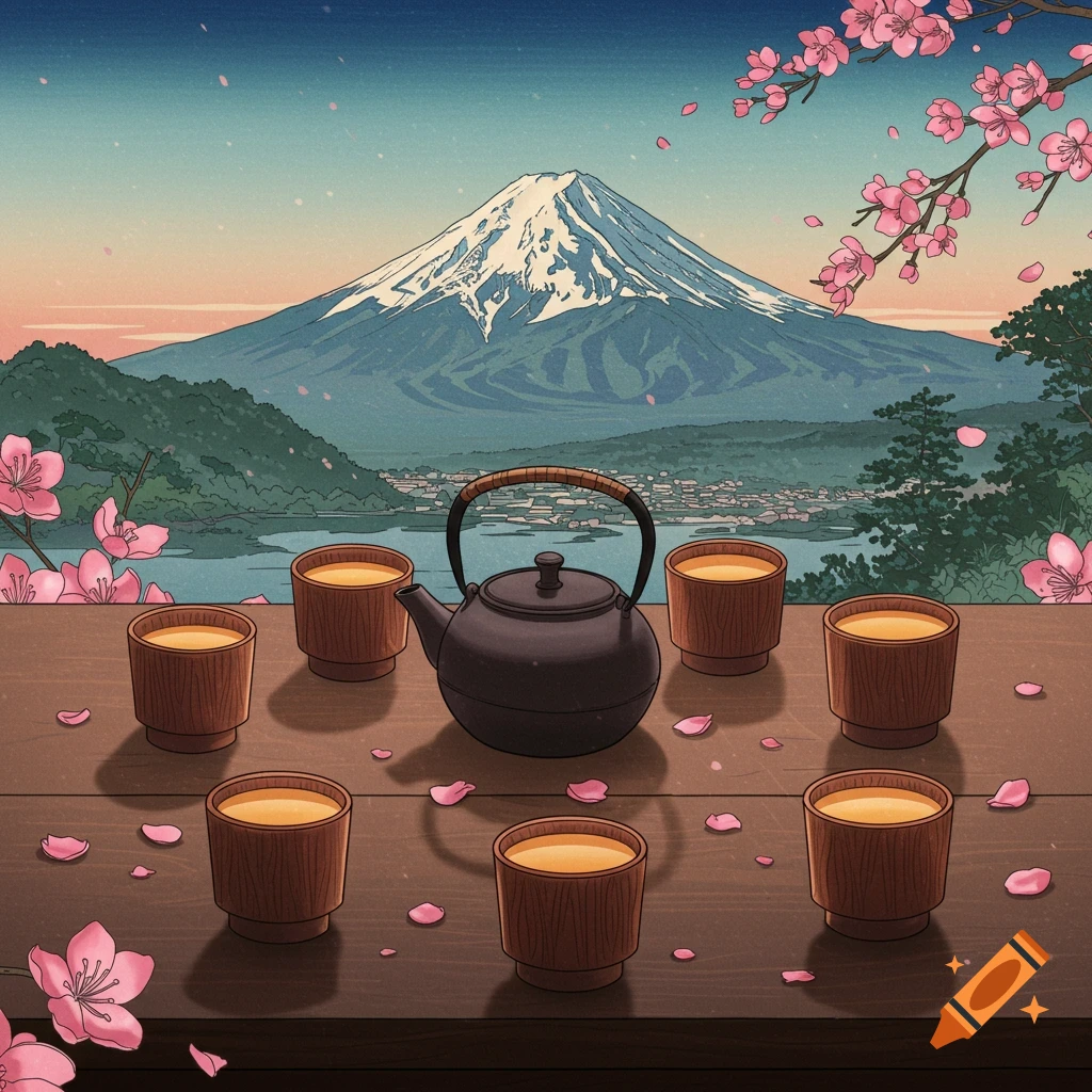 Ukiyo-e style painting of a tea set on a table with Mount Fuji and cherry blossoms in the background.