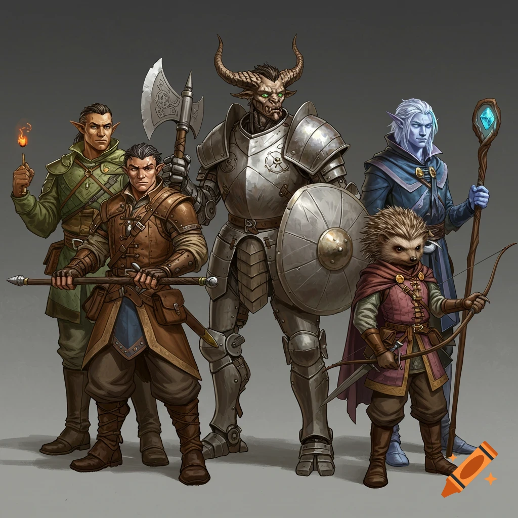 A group of five fantasy rpg characters standing together, including a large armored horned figure, elves, a human, and a small hedgehog-like creature.