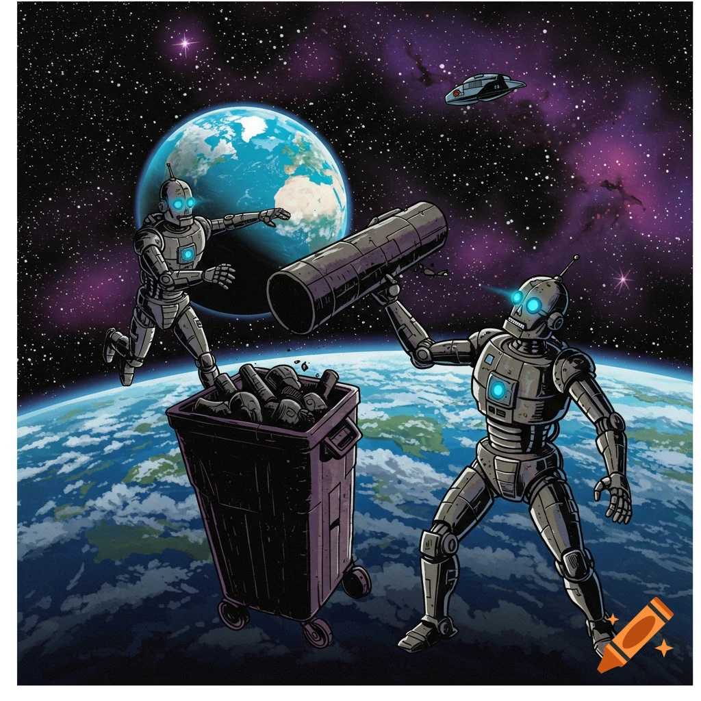 Two robots in space above Earth throwing trash into a bin, illustration.