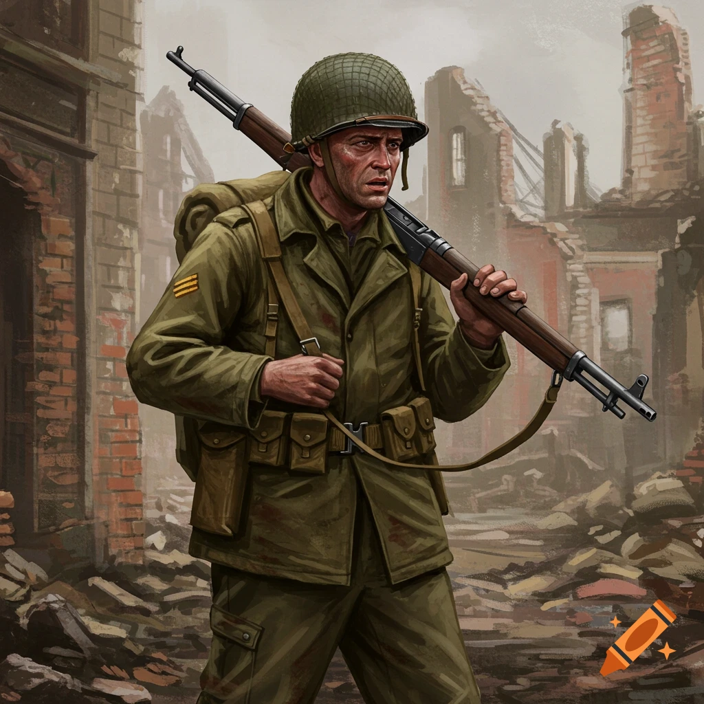 A 1944 US soldier with a rifle in a ruined city.