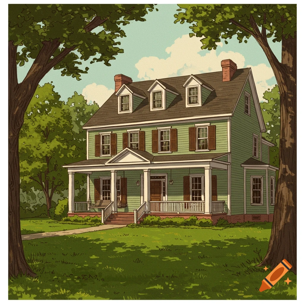 A digital illustration of a large green house with a porch, surrounded by trees and grass.