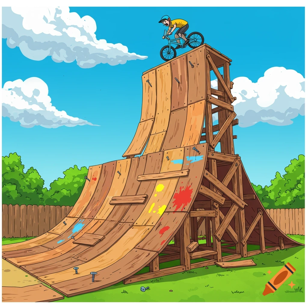 Cartoon illustration of a person on a tall homemade wooden bike ramp