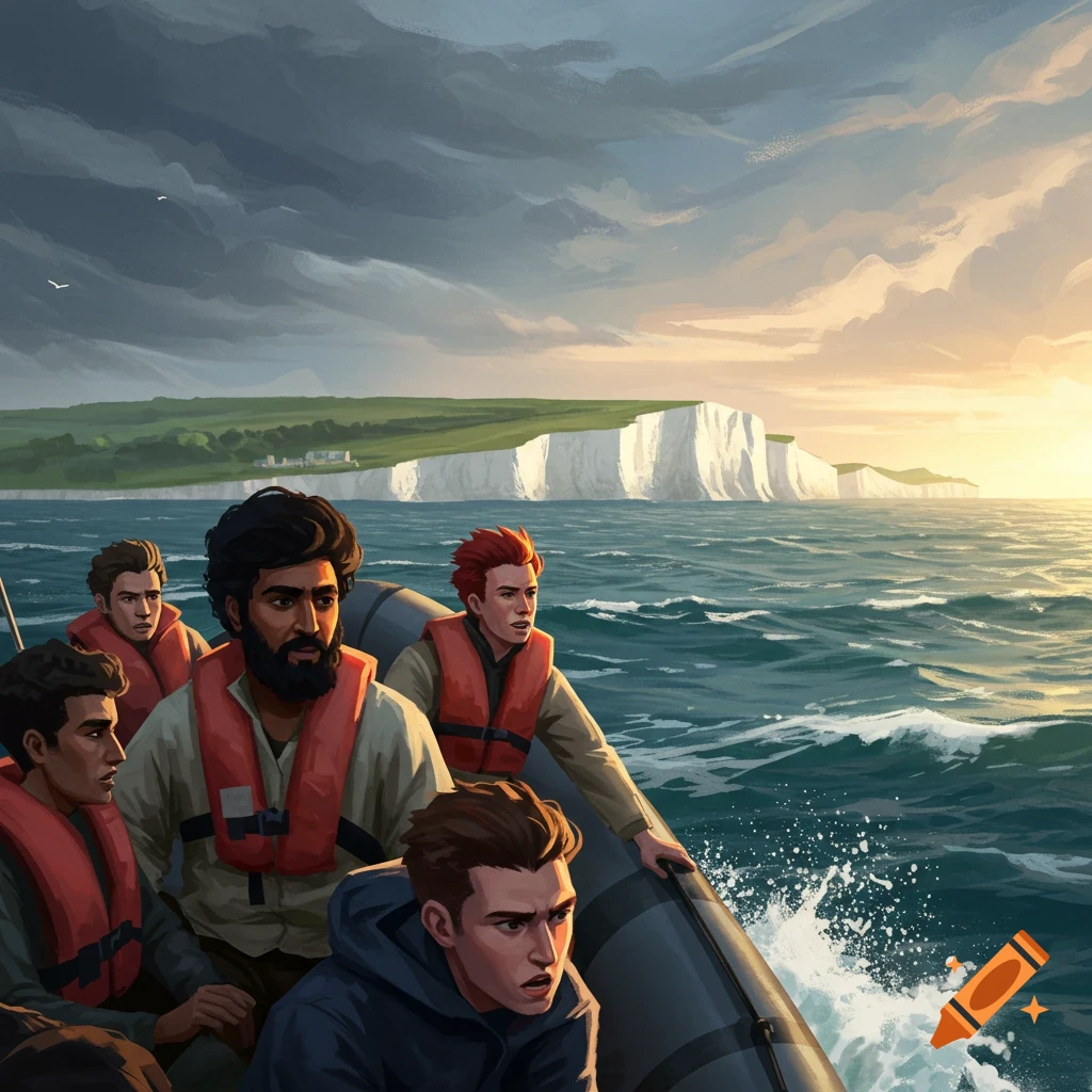 A dinghy carrying men is heading towards white cliffs at sunset.
