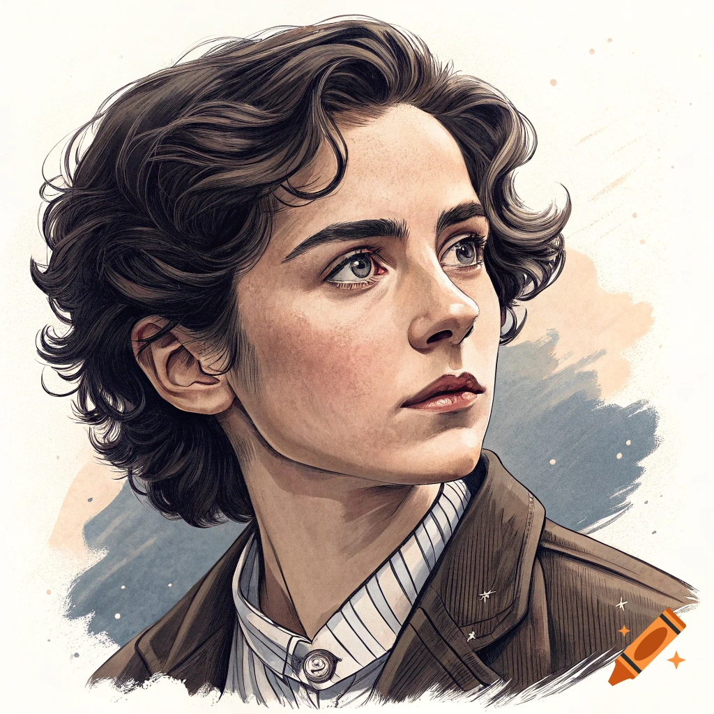 Watercolor portrait of a young person looking up and to the right, wearing a striped shirt and jacket.