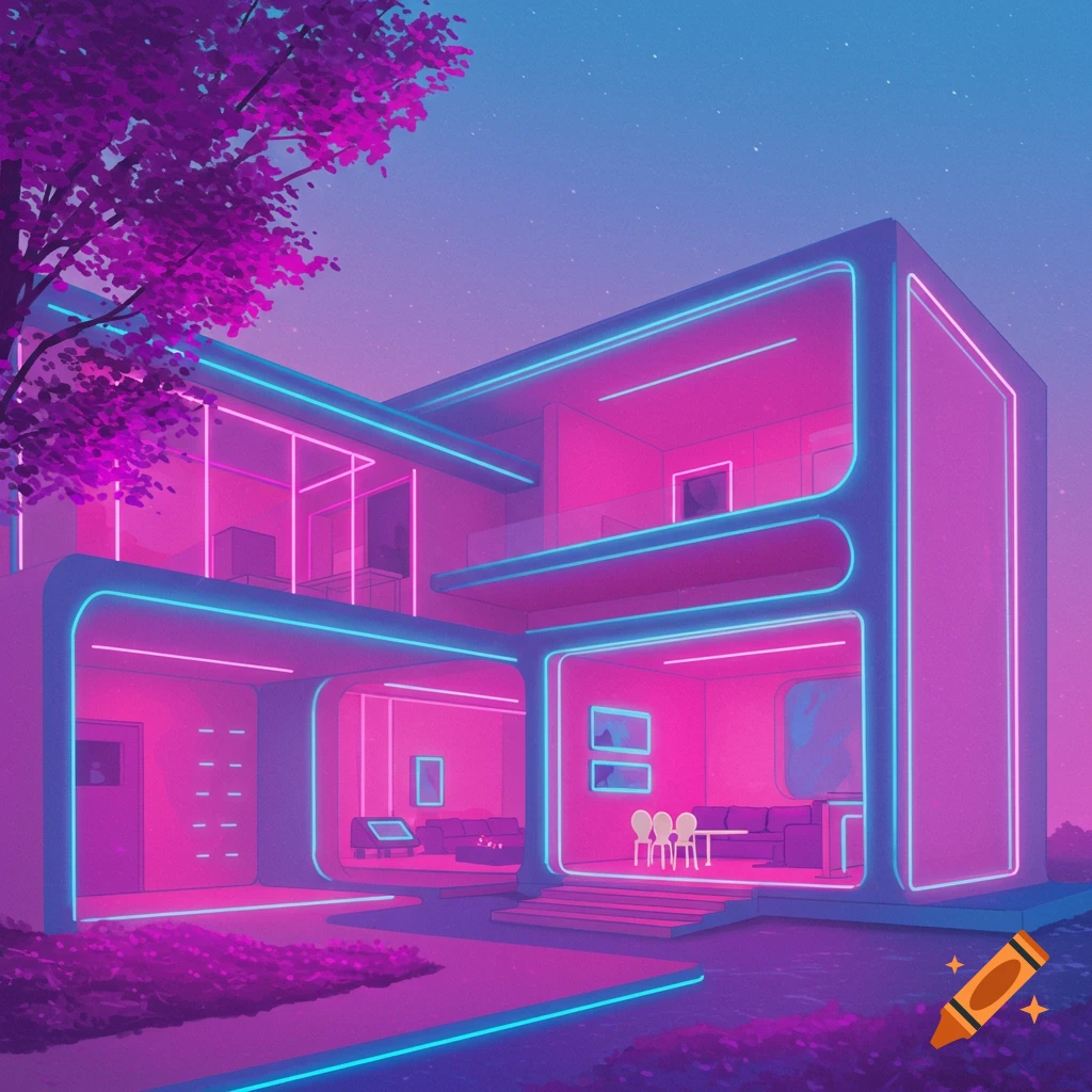 A futuristic house illuminated with neon pink and blue lights against a twilight sky.
