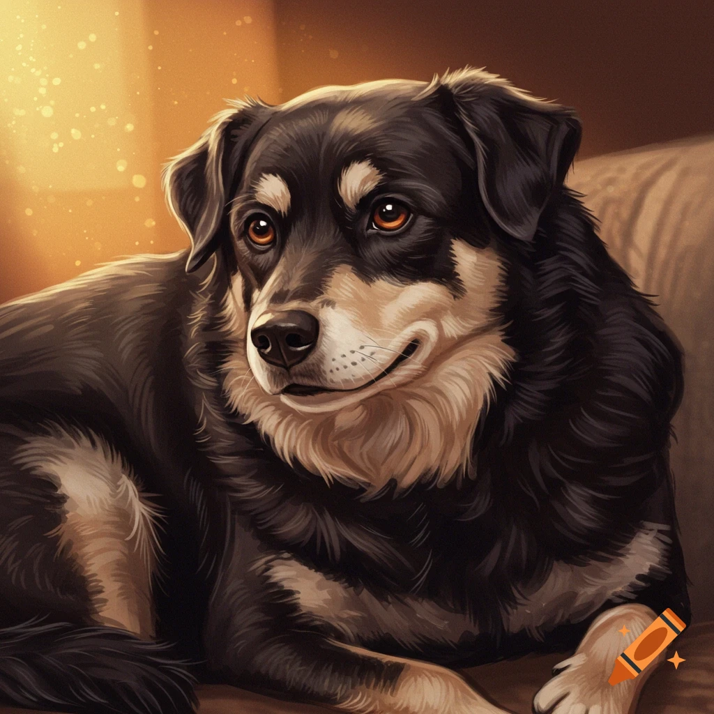A black and tan dog with dark eyes is lying down, bathed in warm light.