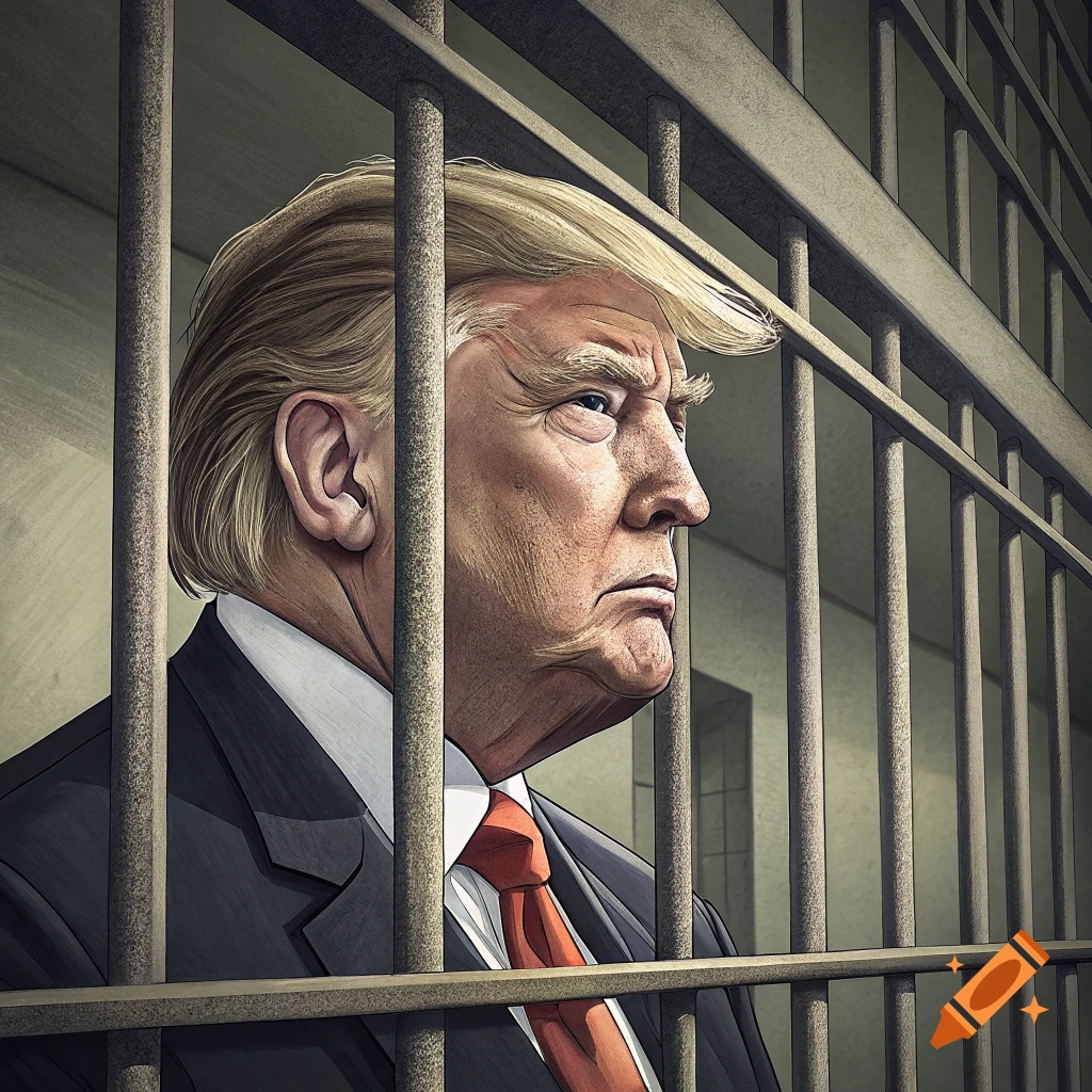 Illustration of Donald Trump behind prison bars.