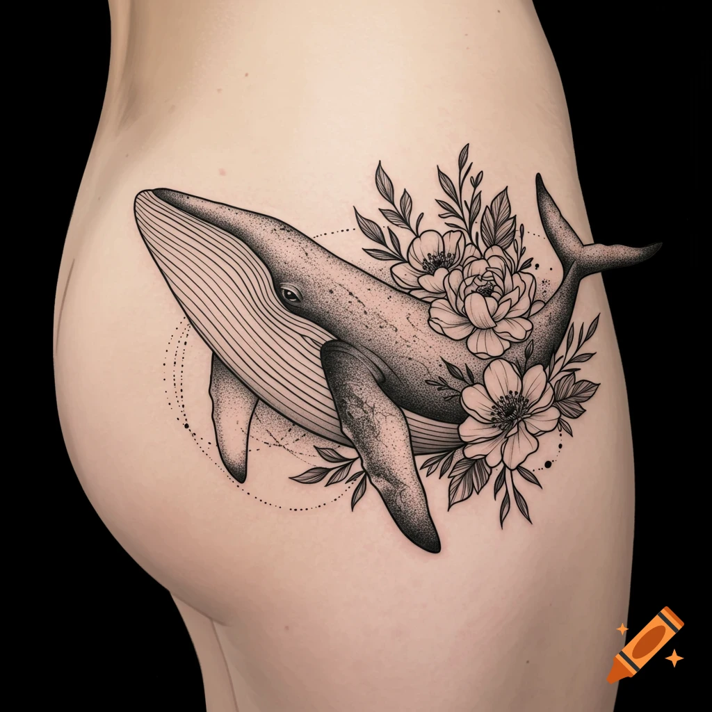 Black work whale shark tattoo with flowers on Craiyon