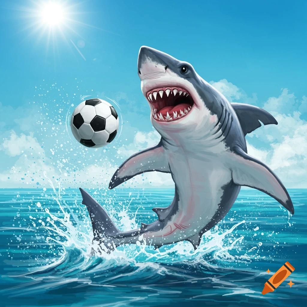 A shark is shown jumping out of the water to hit a soccer ball.