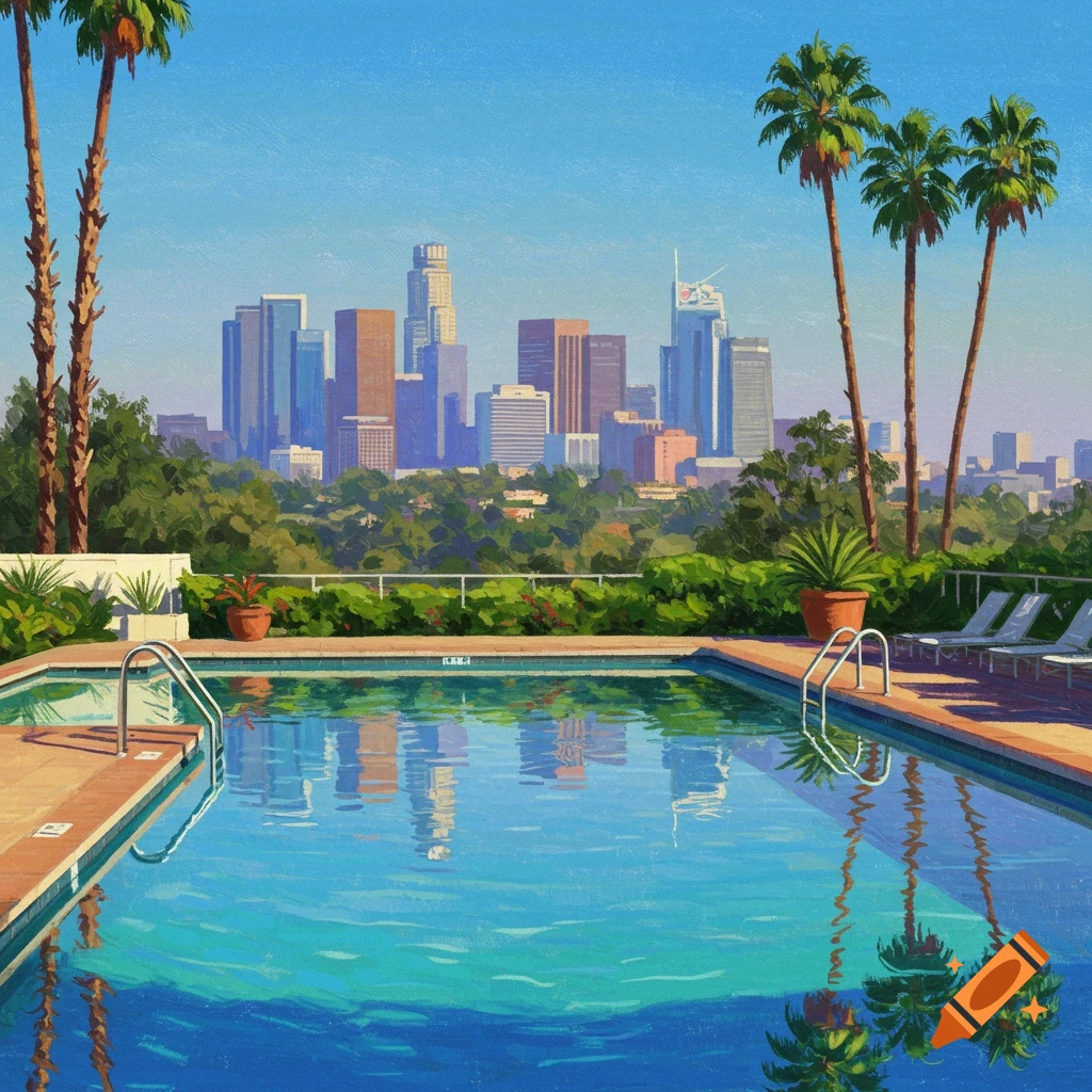 A pool overlooking the Los Angeles skyline with palm trees.