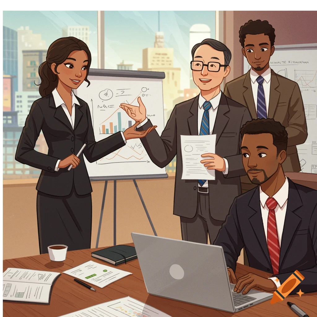 Animated illustration of diverse business people in a meeting room, presenting charts and using laptops.