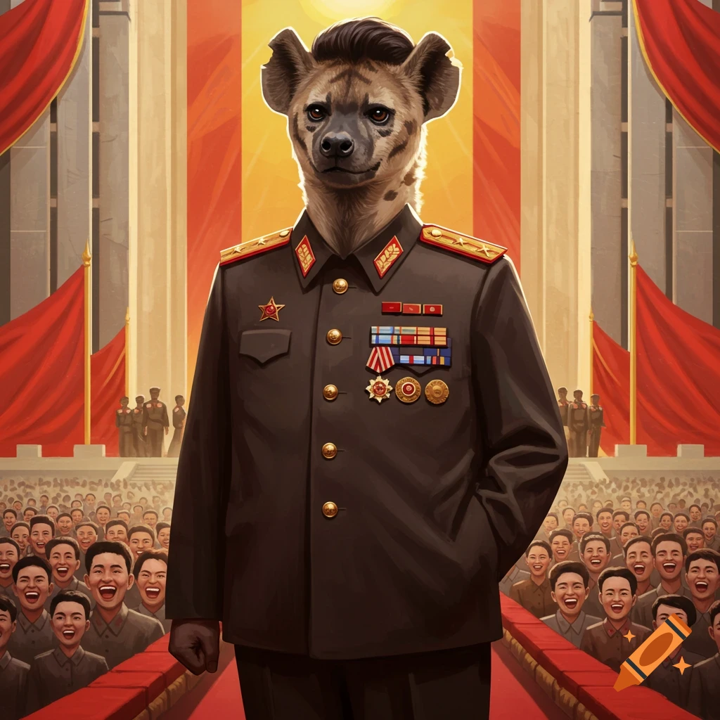 An anthropomorphic hyena in a military uniform addressing a large crowd.
