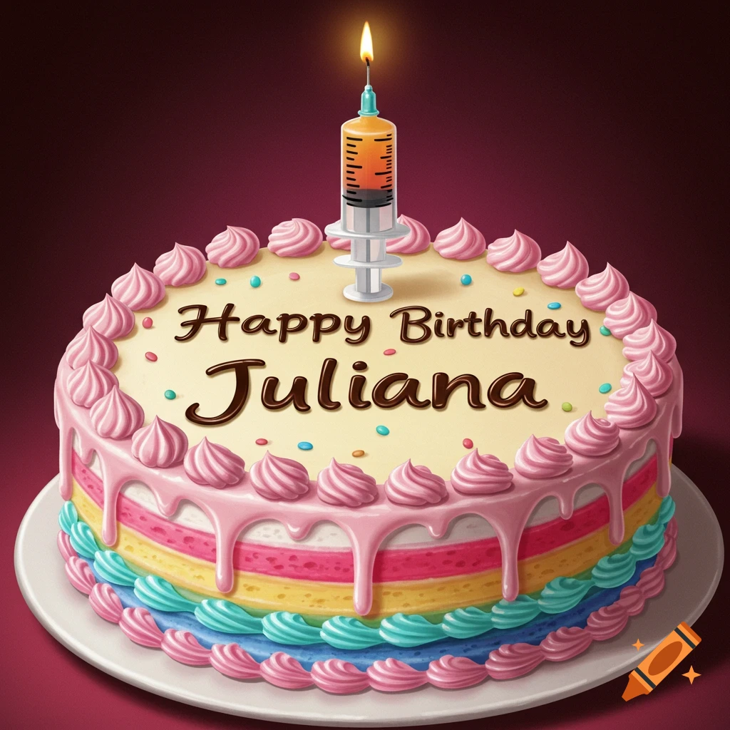 Colorful birthday cake with 'Happy Birthday Juliana' text and a syringe-shaped candle.