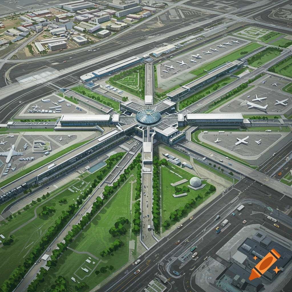 Aerial view of a large star-shaped airport complex with planes on runways and surrounding roads.