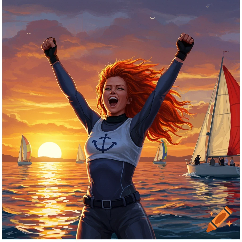 Redhead woman celebrating on a sailboat at sunset with her arms raised.