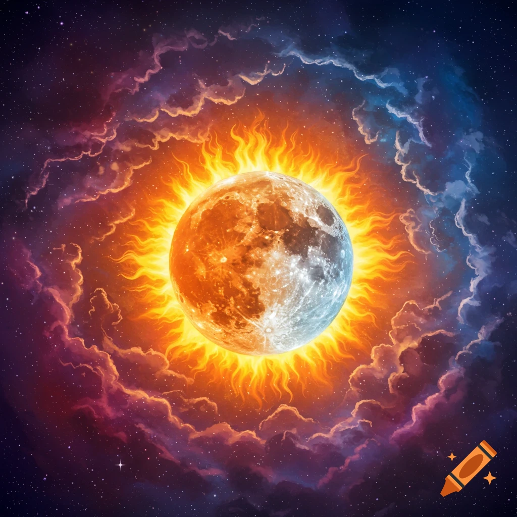 A sun and moon surrounded by colorful clouds in space.