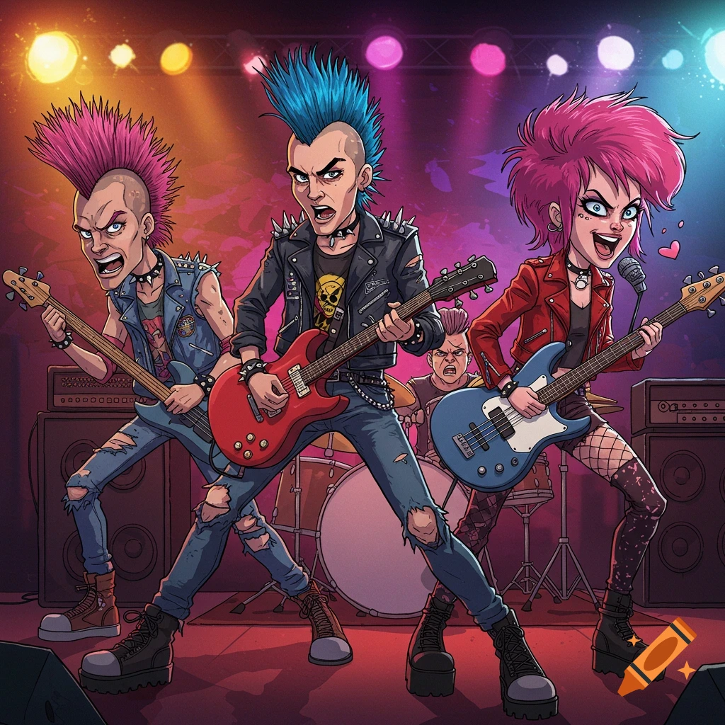 Retro anime style illustration of a punk rock band playing on stage with bright lights.