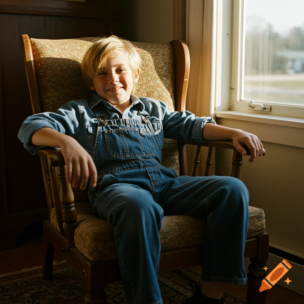A blond boy in denim overalls smiles while sitting in a sunlit armchair in a room.