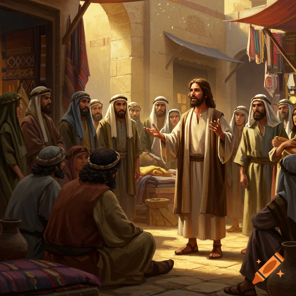 Jesus is teaching a crowd in a busy marketplace.