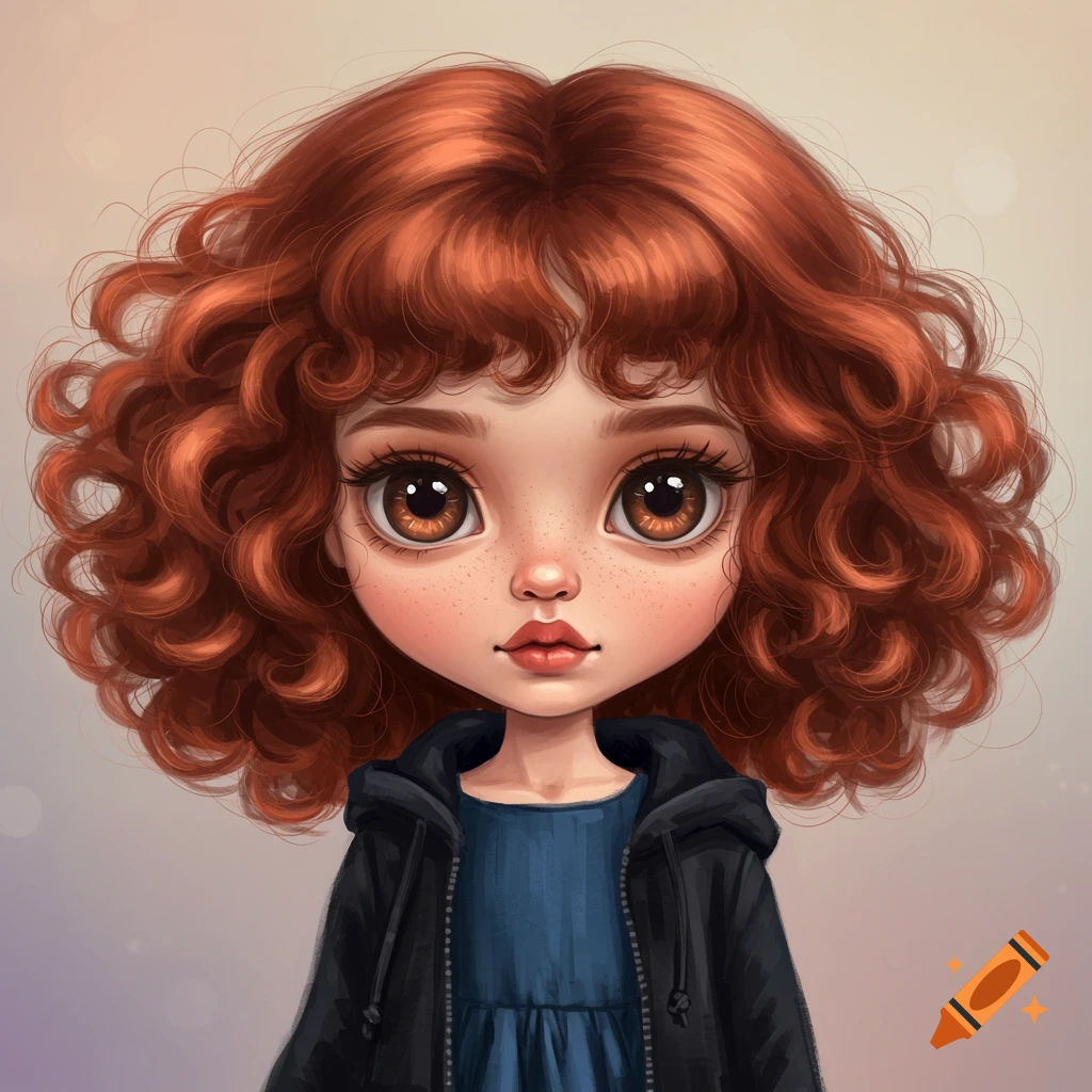 A whimsical doll girl with red curly hair and big brown eyes wearing a blue dress and black hoodie.