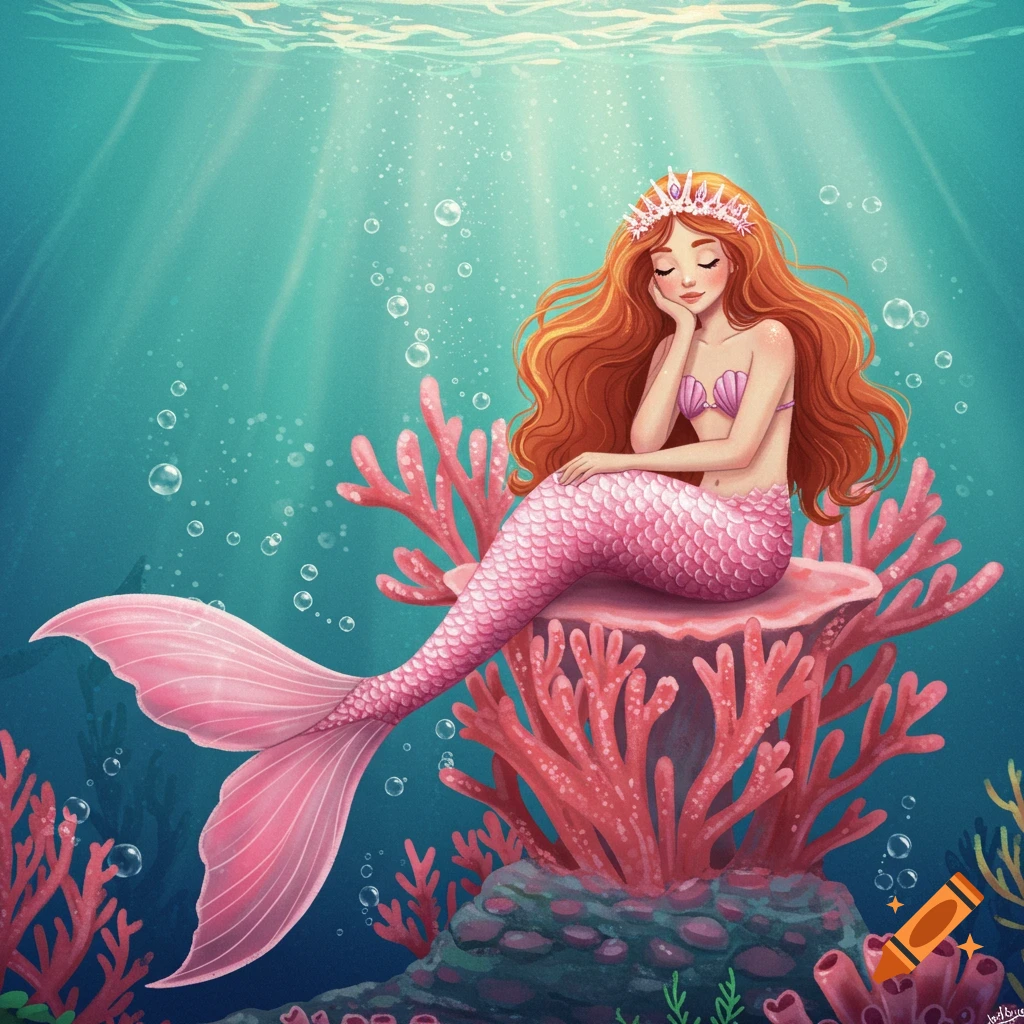 A mermaid princess with red hair and a pink tail sits on coral underwater.