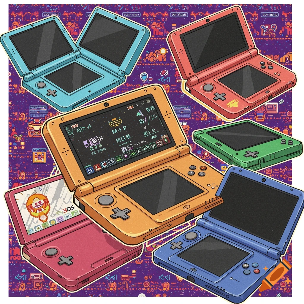 Colorful image of multiple Nintendo 3DS handheld video game consoles on a patterned background.