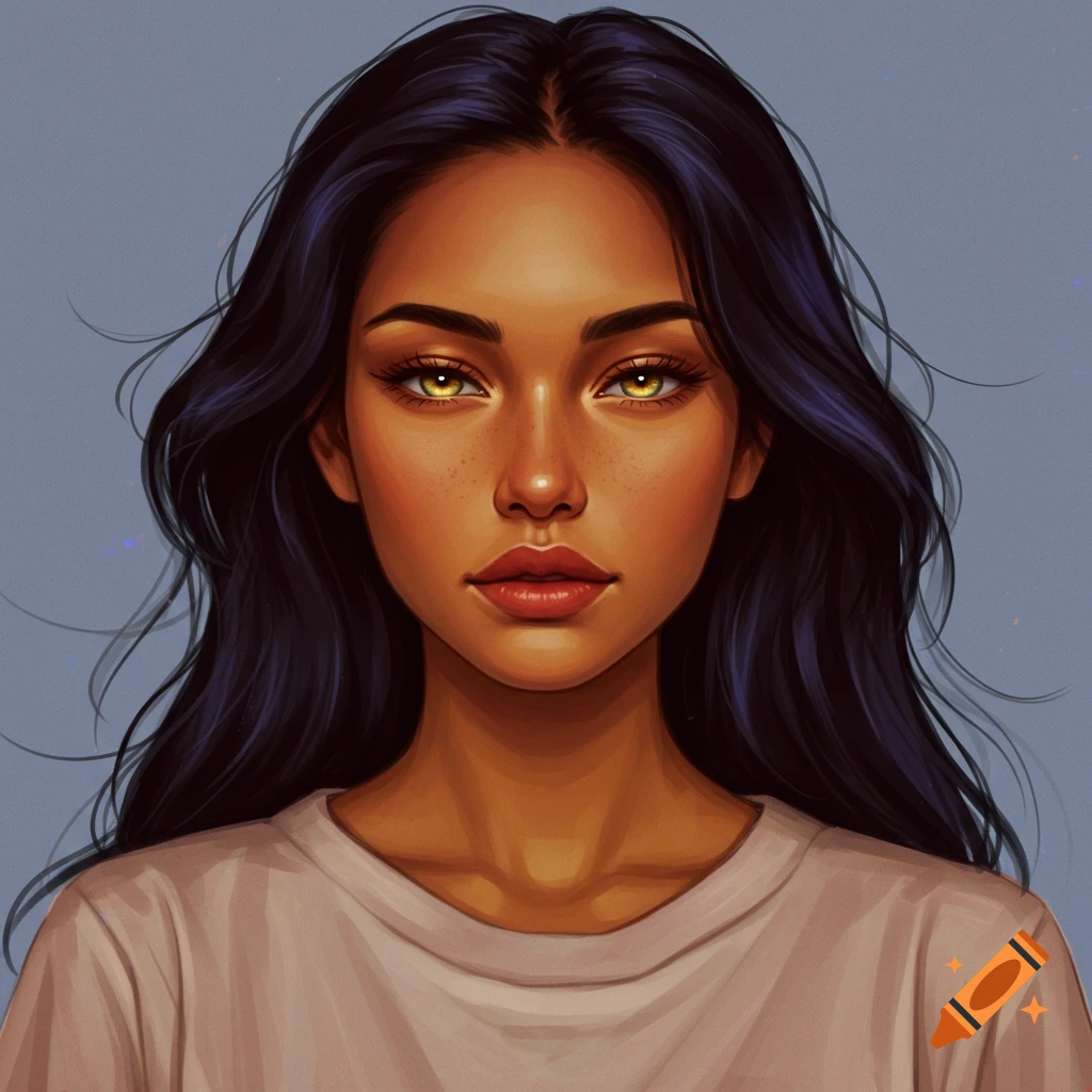 A portrait of a woman with dark hair, tan skin, and yellow eyes, wearing a t-shirt.