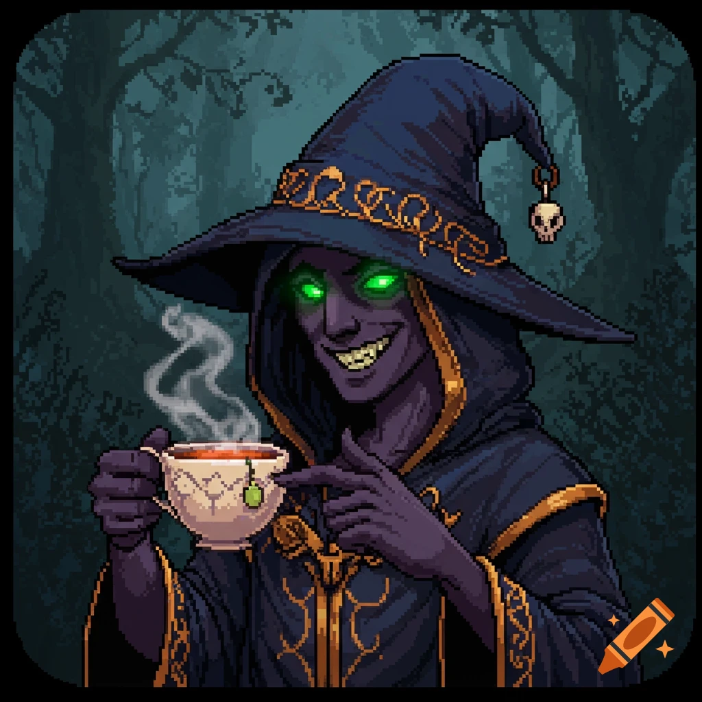 Pixel art illustration of a shady mage with glowing eyes holding a steaming cup of tea.