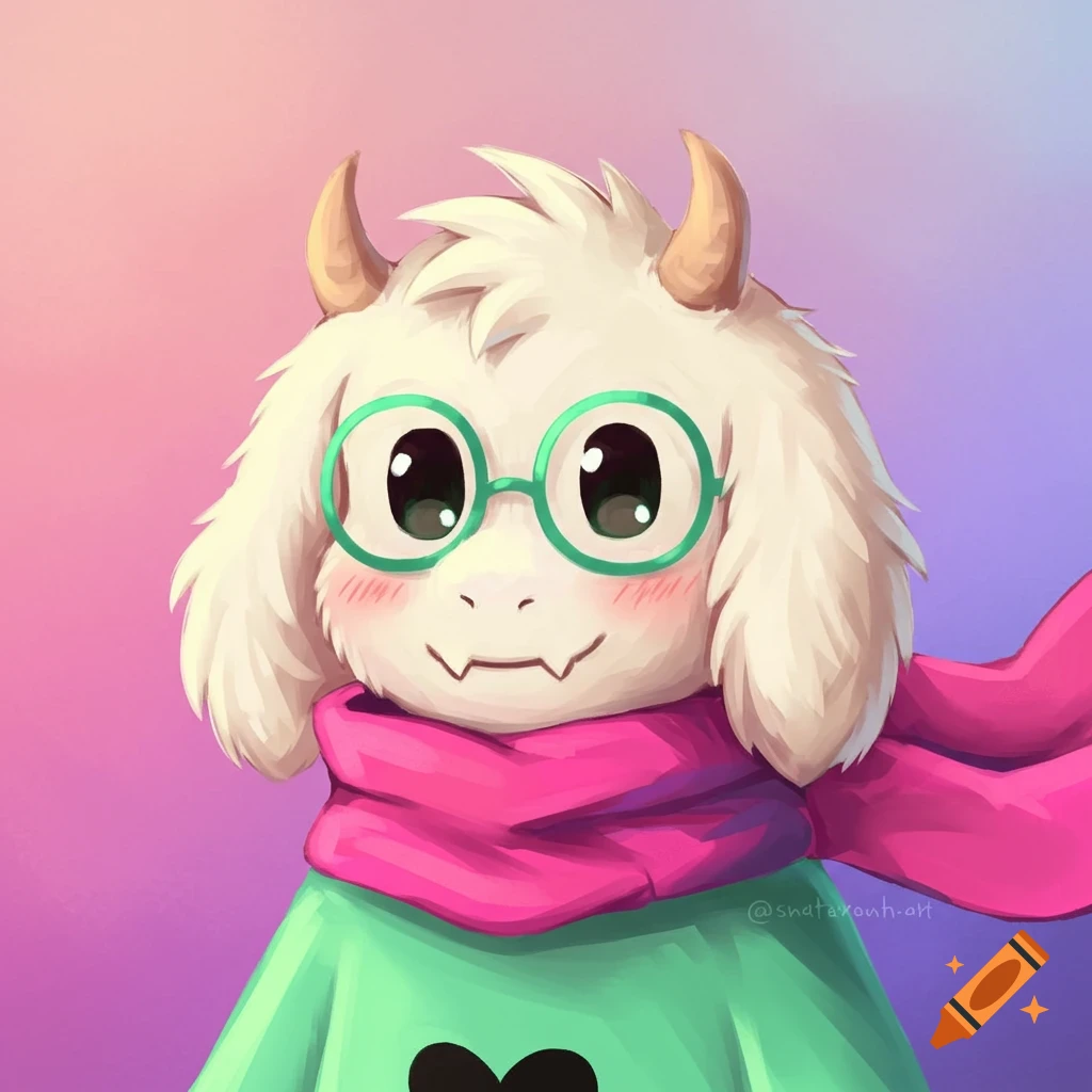 A close-up of Ralsei from Deltarune wearing glasses, a scarf, and a robe.